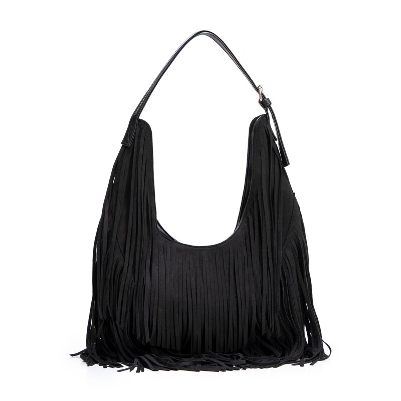 Duża torebka na ramię z frędzlami czarna 102-4Y-410-1
