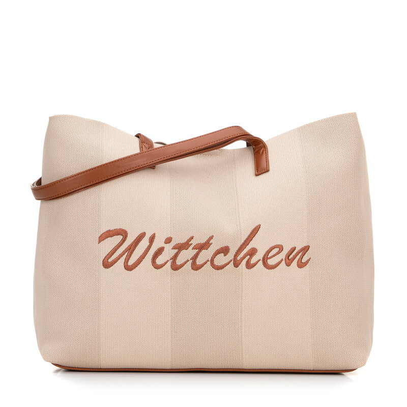 Duża torebka shopper z elementami ekoskóry beżowo - brązowa 100-4Y-401-9 Duża torebka shopper z elementami ekoskóry beżowo - brązowa 100-4Y-401-9