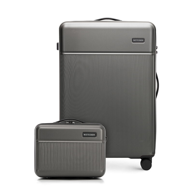 Duża walizka i kosmetyczka z ABS-u z pionowymi paskami szare 56-3A-803-01K