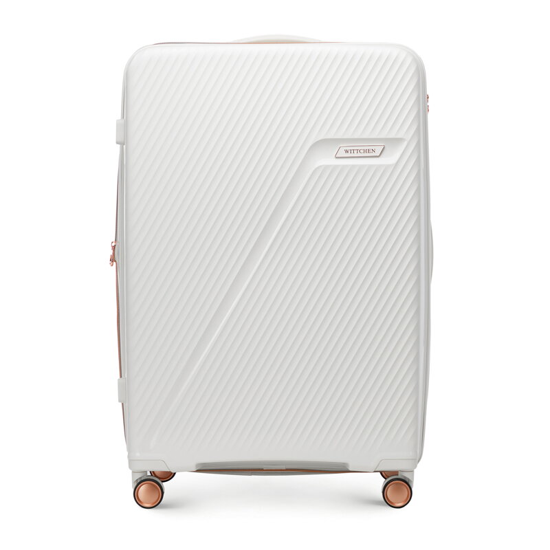 Duża walizka z polipropylenu w ukośne pasy kremowo - złota 56-3T-503-89G Duża walizka z polipropylenu w ukośne pasy kremowo - złota 56-3T-503-89G