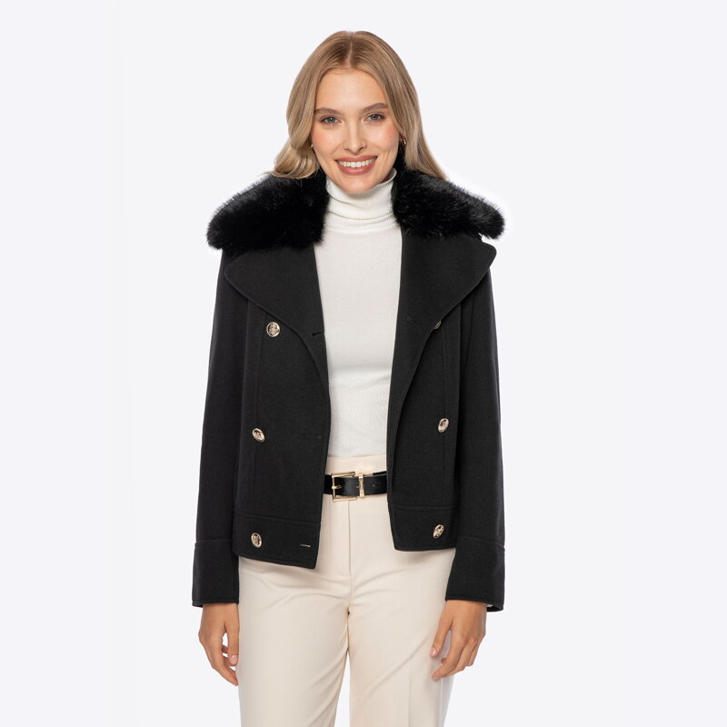 Dwurzędowa kurtka z odpinanym sztucznym futerkiem czarna 101-9X-303-1