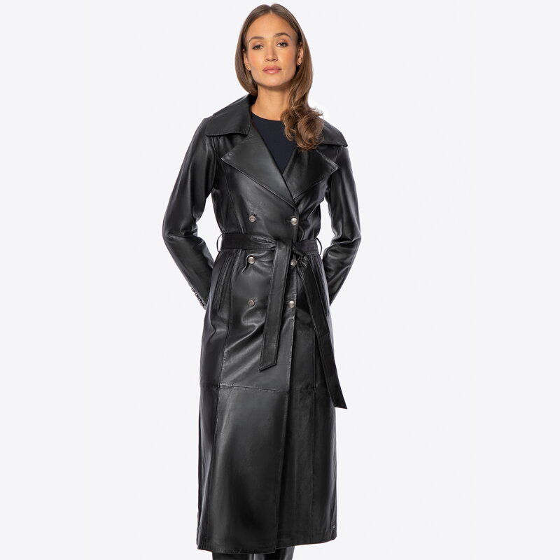 Dwurzędowy płaszcz z naturalnej skóry owczej czarny 101-09-803-1