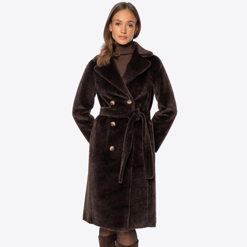 Dwustronny damski płaszcz z wiązaniem ciemny brąz 101-9W-000-4