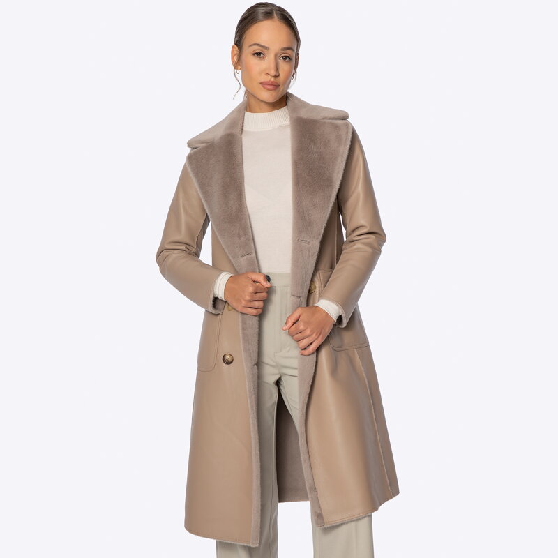 Dwustronny damski płaszcz z wiązaniem beżowy 101-9W-000-9