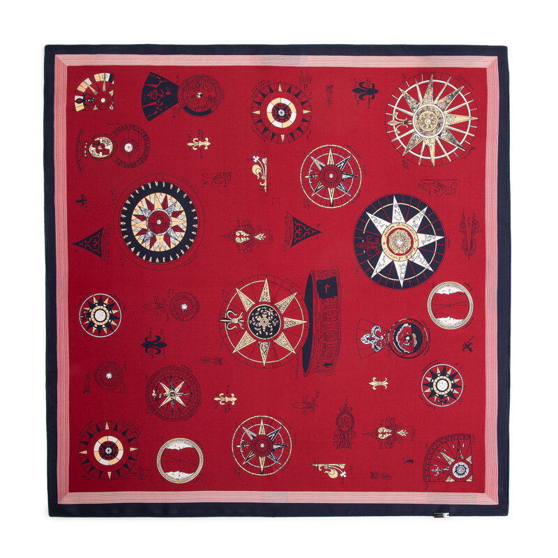 Jedwabna apaszka damska w motywie kartograficznym czerwono - granatowa 103-7D-S04-X29