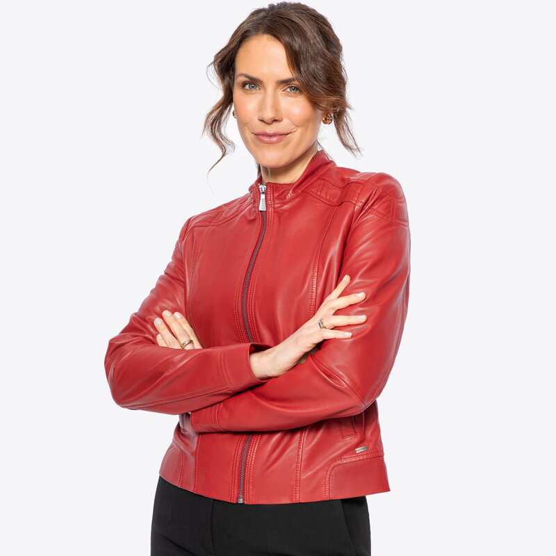 Klasyczna damska kurtka ze skóry czerwona 100-09-800-3