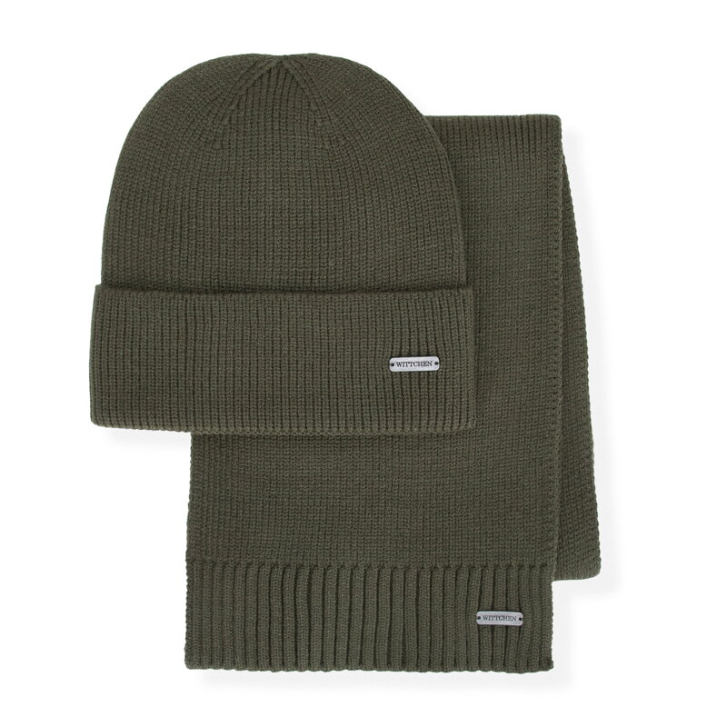 Klasyczny męski komplet: czapka i szalik khaki 101-SF-009-Z Klasyczny męski komplet: czapka i szalik khaki 101-SF-009-Z