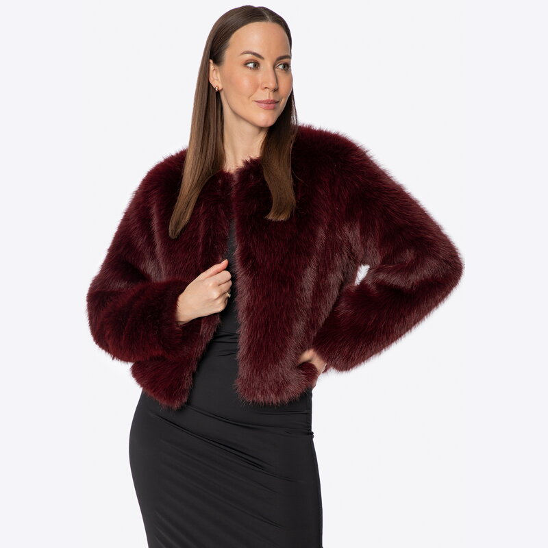 Krótka kurtka damska ze sztucznego futra bordowa 101-9W-505-3