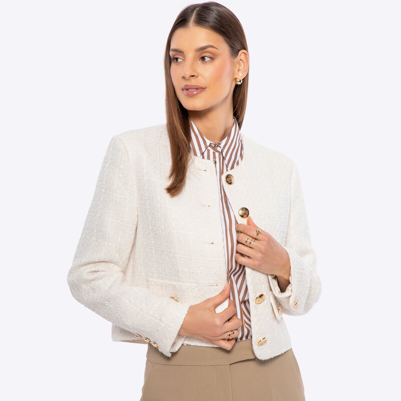 Damska marynarka z tkaniny boucle krótka beżowa 100-9X-501-9 Damska marynarka z tkaniny boucle krótka beżowa 100-9X-501-9