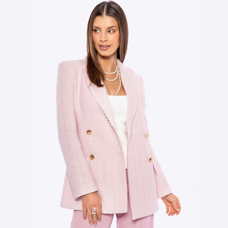Damska marynarka z tkaniny boucle długa różowa 100-9X-502-P Damska marynarka z tkaniny boucle długa różowa 100-9X-502-P