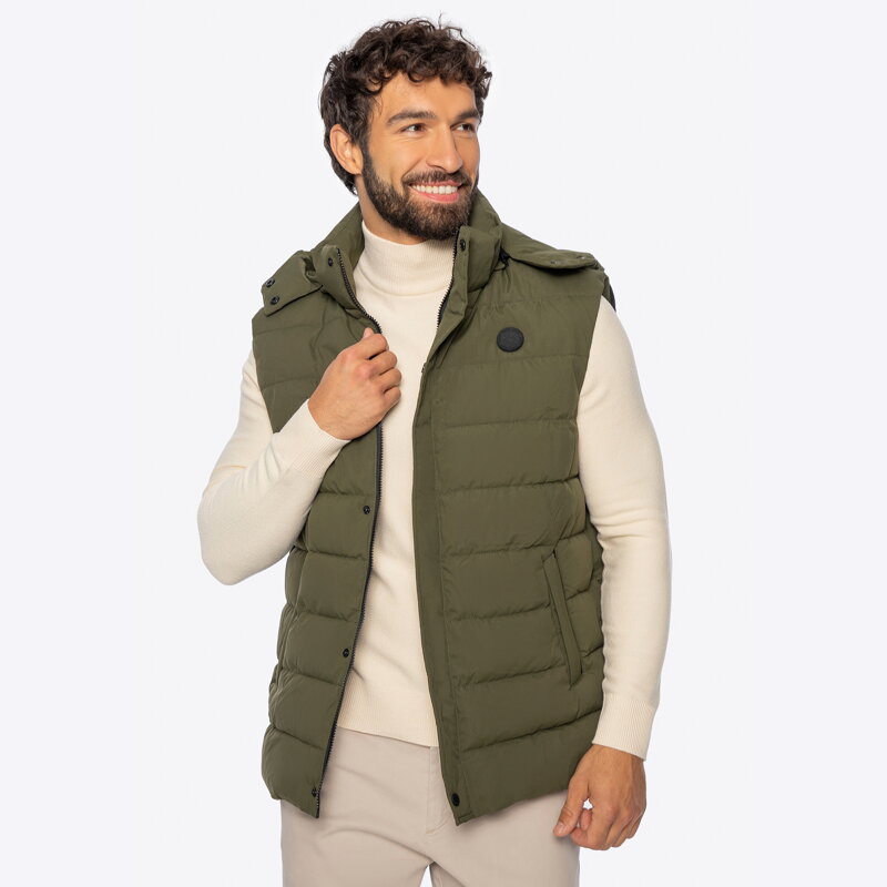 Męska kamizelka puchowa z kapturem ciemnozielona 101-9D-351-Z