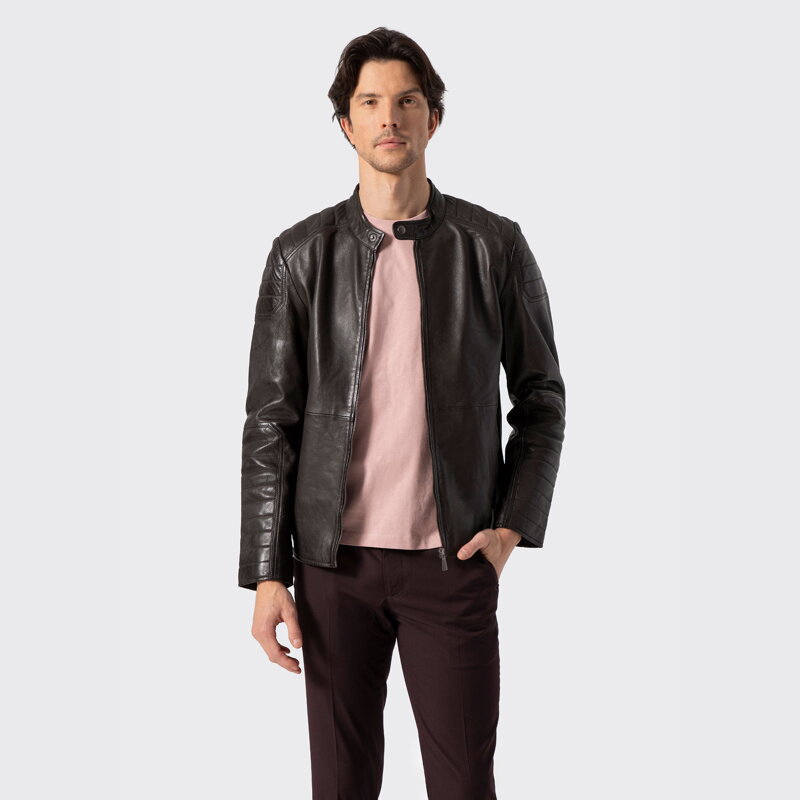 Męska kurtka ze skóry owczej z przeszyciami ciemny brąz 100-09-410-4