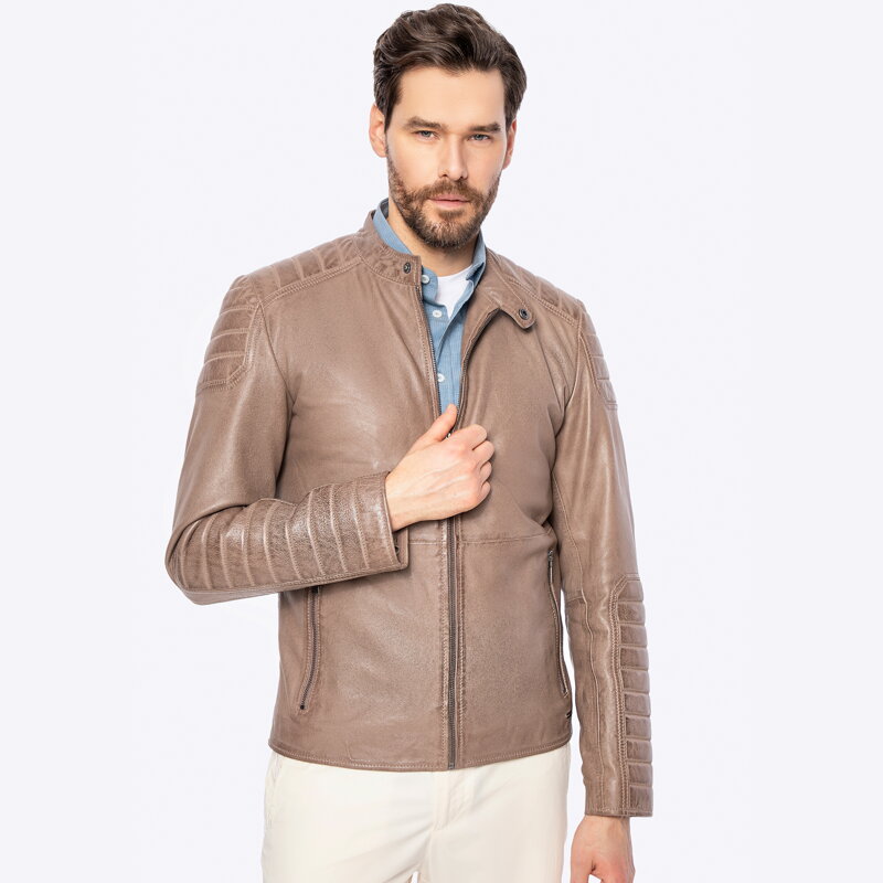 Męska kurtka ze skóry owczej z przeszyciami beżowa 100-09-410-9