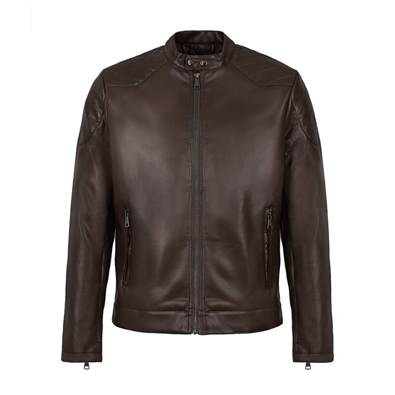 Męska kurtka z ekoskóry z pikowaniem na ramionach ciemny brąz 97-9P-155-4