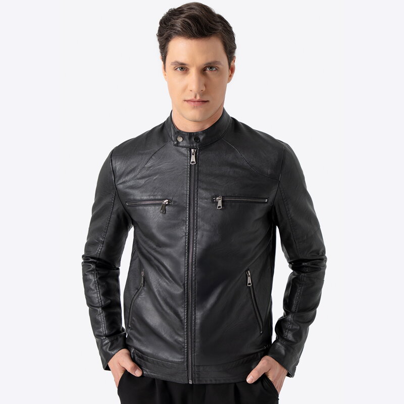 Męska kurtka z ekoskóry ze stójką czarna 97-9P-151-1