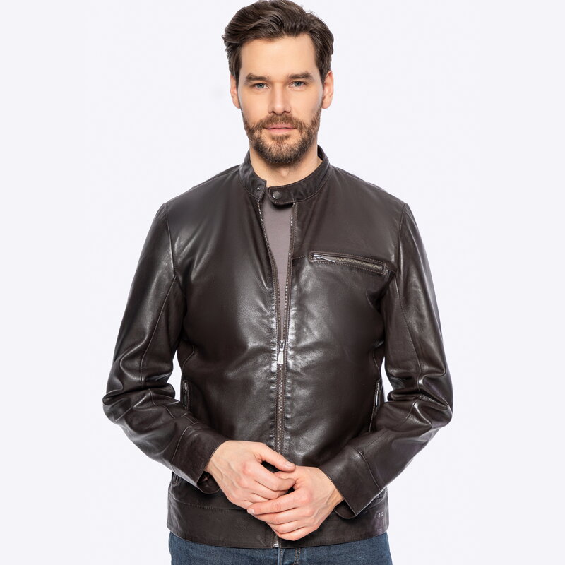 Męska kurtka ze skóry naturalnej owczej ciemny brąz 100-09-412-4