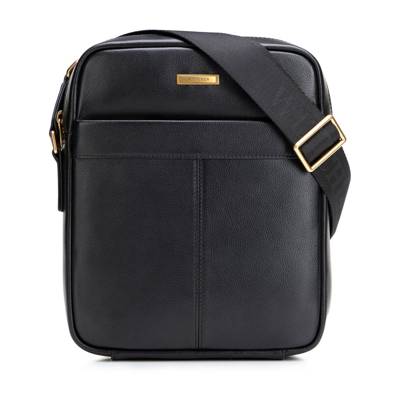 Męska listonoszka skórzana z dekoracyjnymi przeszyciami czarno - złota 102-4U-605-1G