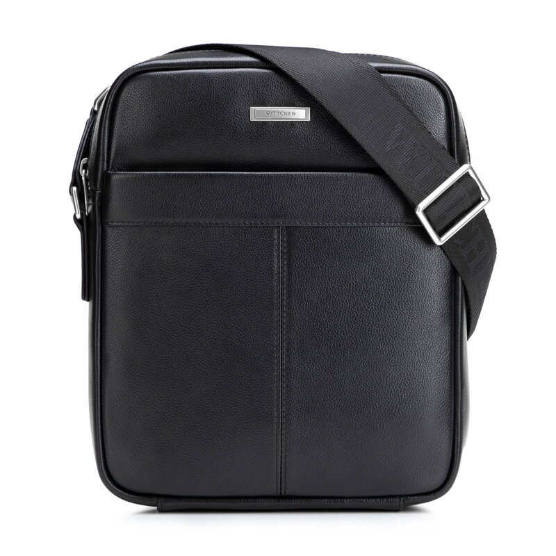 Męska listonoszka skórzana z dekoracyjnymi przeszyciami czarno - srebrna 102-4U-605-1S