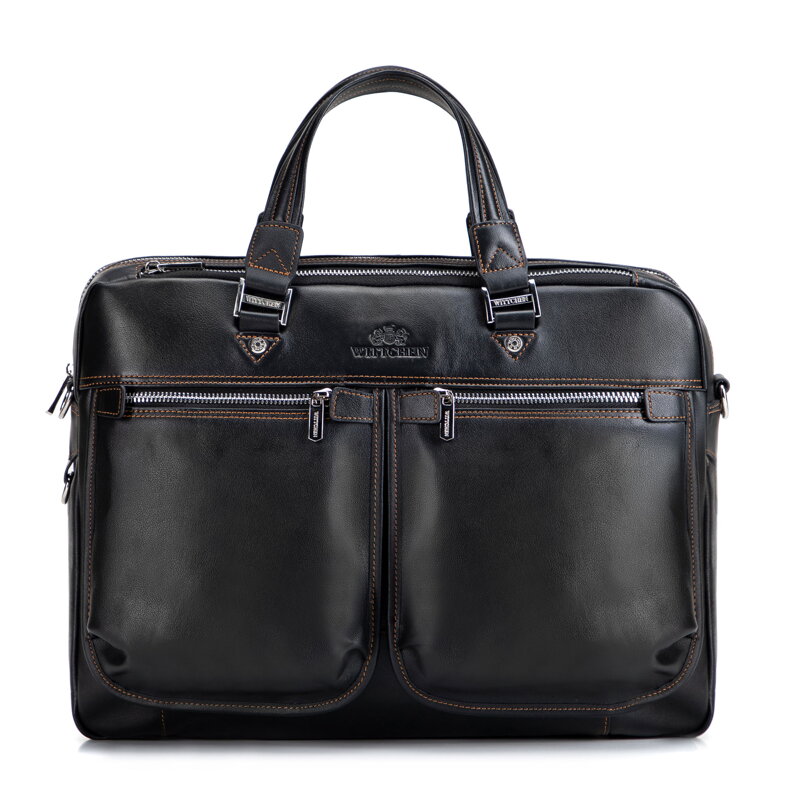Męska skórzana torba na laptopa 14” z paskiem czarna 103-3U-001-1