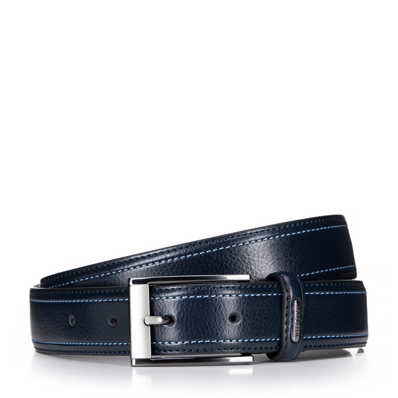 Męski pasek ze skóry z kolorystycznymi przeszyciami granatowy 100-8M-900-7
