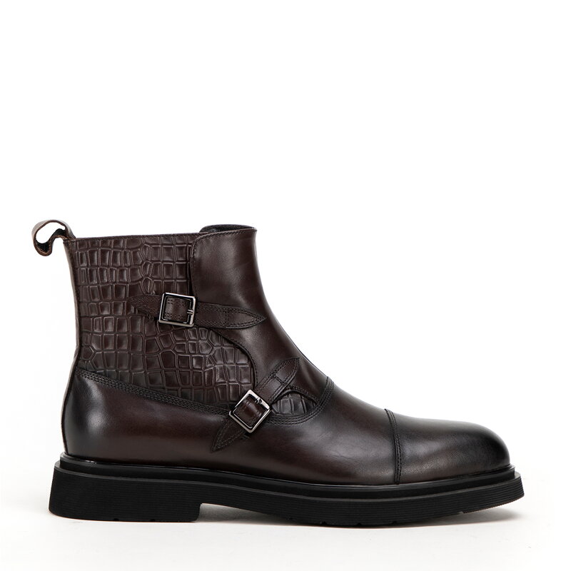 Męskie sztyblety skórzane ze wstawkami croco brązowe 99-M-508-4 Męskie sztyblety skórzane ze wstawkami croco brązowe 99-M-508-4
