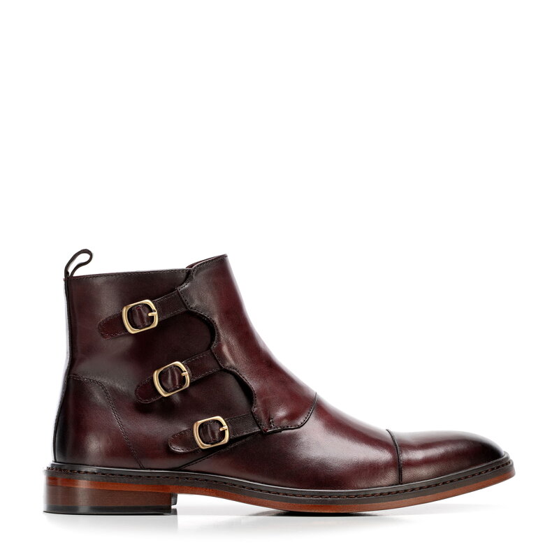 Męskie trzewiki ze skóry naturalnej z ozdobnymi klamrami bordowe 101-M-500-3