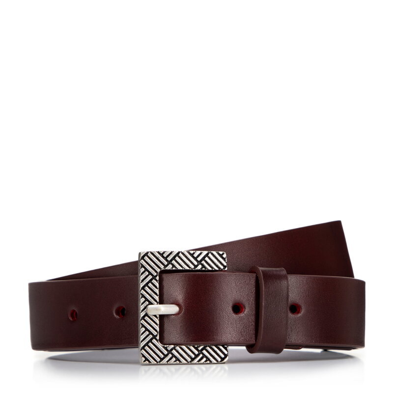 Damski pasek skórzany z klamrą w geometryczny wzór wiśniowy 99-8D-119-33