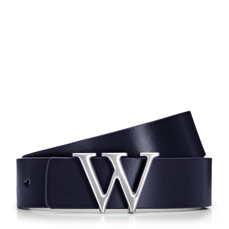 Skórzany pasek z literą „W” na klamrze granatowo - beżowy 99-8D-129-7