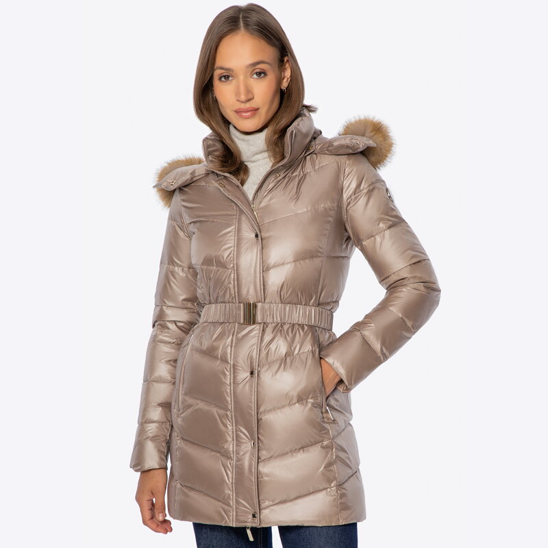 Pikowana damska kurtka z naturalnym puchem beżowa 101-9D-203-9