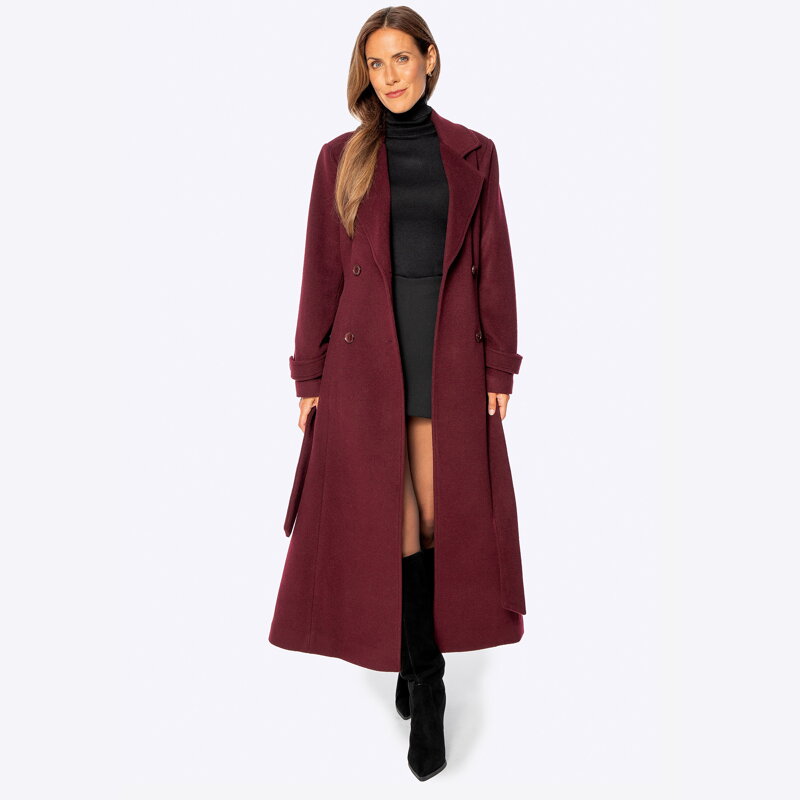 Damski płaszcz wełniany z domieszką kaszmiru bordowy 101-9W-701-3