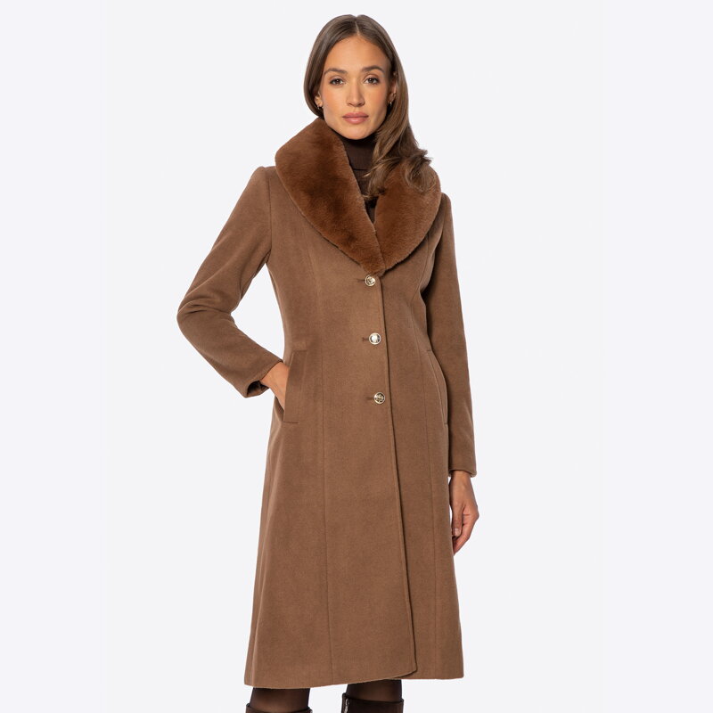Damski płaszcz z odpinanym sztucznym futerkiem brązowy 101-9X-301-5