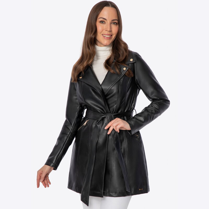 Damski płaszcz z imitacji skóry czarny 100-9P-101-1