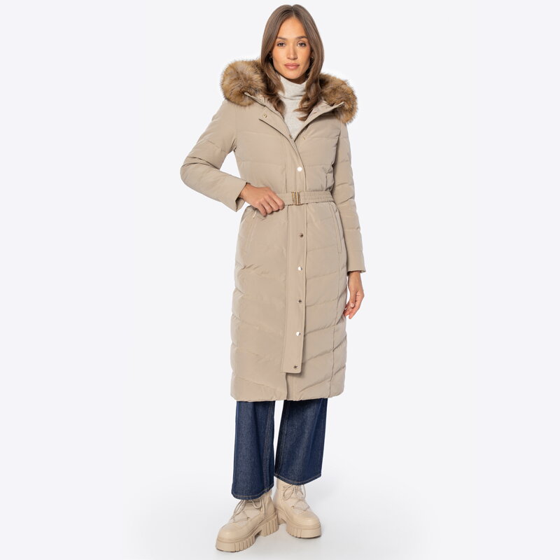 Płaszcz damski z naturalnym wypełnieniem beżowy 101-9D-200-9