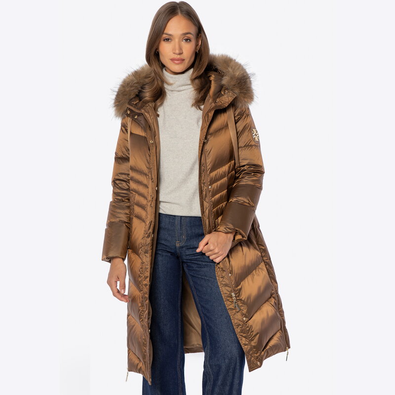 Płaszcz damski z nylonu z puchowym wypełnieniem złoty 101-9D-401-G