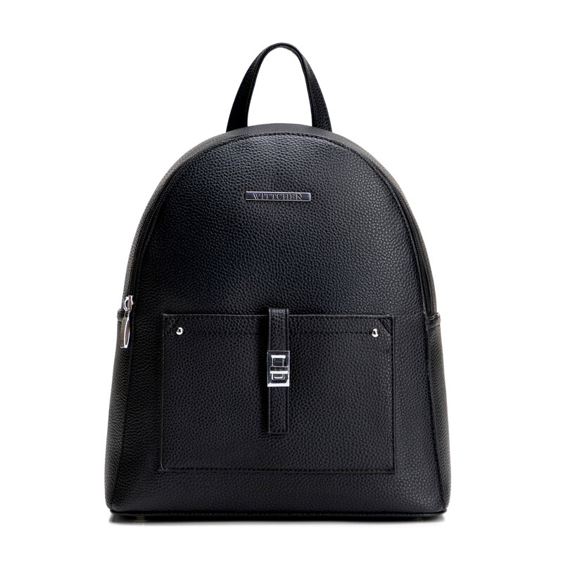 Damski plecak z imitacji skóry z kieszenią na przodzie czarno - srebrny 29-4Y-003-B1