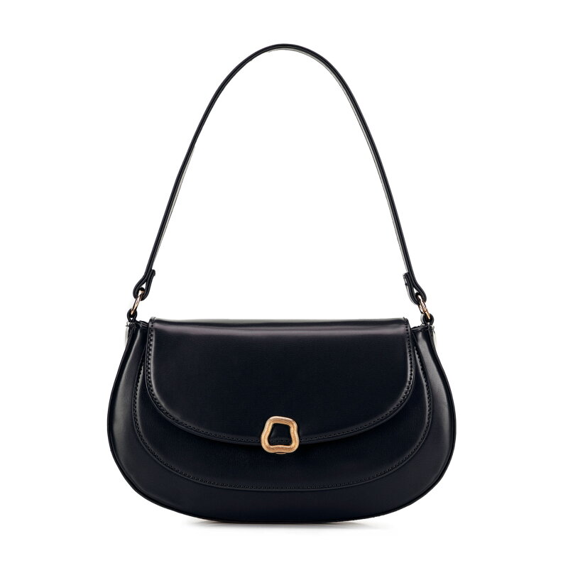 Półokrągła listonoszka z imitacji skóry z dekoracyjnym zapięciem czarna 101-4Y-437-1