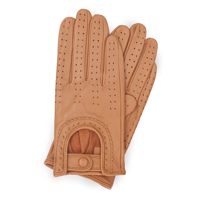 Damskie rękawiczki skórzane samochodowe camelowe 46-6L-292-LB