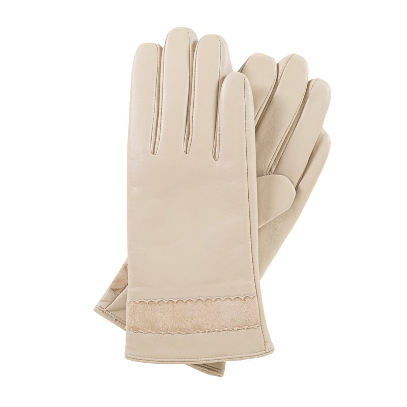 Skórzane rękawiczki damskie ocieplane kremowe 39-6L-966-4