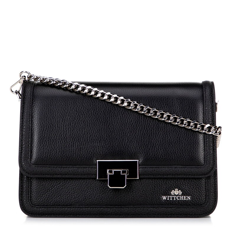 Skórzana torebka crossbody z łańcuszkiem czarno - srebrna 100-4E-206-1S Skórzana torebka crossbody z łańcuszkiem czarno - srebrna 100-4E-206-1S