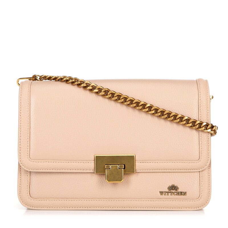 Skórzana torebka crossbody z łańcuszkiem beżowa 100-4E-206-9 Skórzana torebka crossbody z łańcuszkiem beżowa 100-4E-206-9