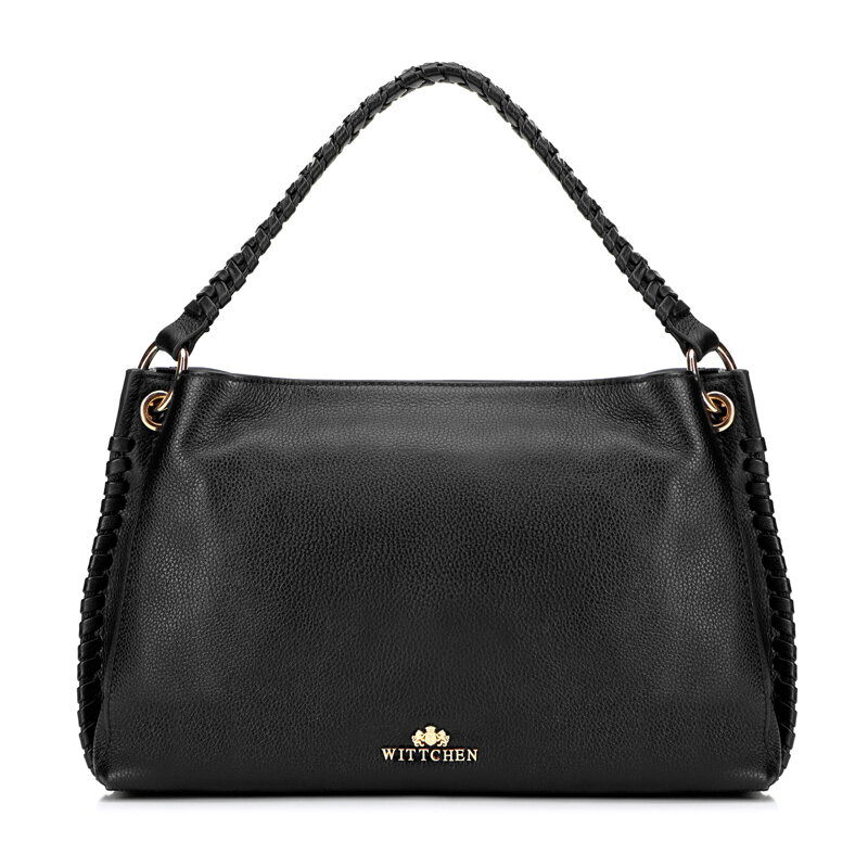 Skórzana torebka na ramię z plecioną rączką czarna 101-4E-807-1