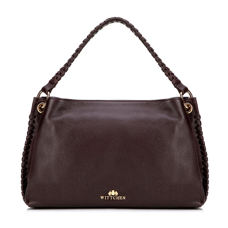 Skórzana torebka na ramię z plecioną rączką brązowa 101-4E-807-3