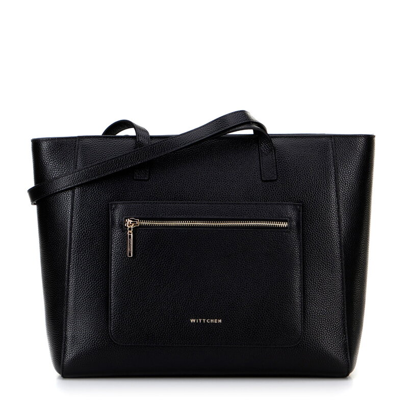 Skórzana torba shopper z kieszeniami na froncie czarna ze złotym logo 100-4E-620-1G Skórzana torba shopper z kieszeniami na froncie czarna ze złotym logo 100-4E-620-1G