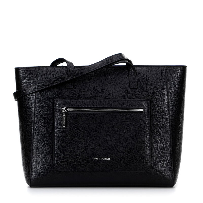 Skórzana torba shopper z kieszeniami na froncie czarna ze srebrnym logo 100-4E-620-1S Skórzana torba shopper z kieszeniami na froncie czarna ze srebrnym logo 100-4E-620-1S