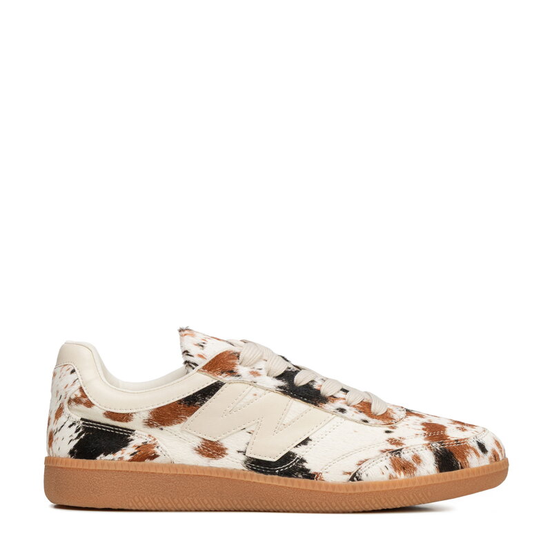 Skórzane damskie sneakersy z naturalnym włosiem kremowo - brązowe 102-D-360-1