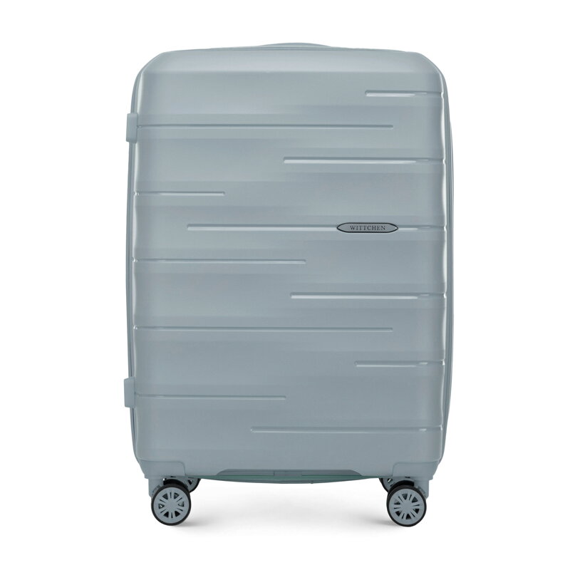 Średnia walizka z polipropylenu w tłoczone paski granatowa 56-3T-142-B Średnia walizka z polipropylenu w tłoczone paski granatowa 56-3T-142-B