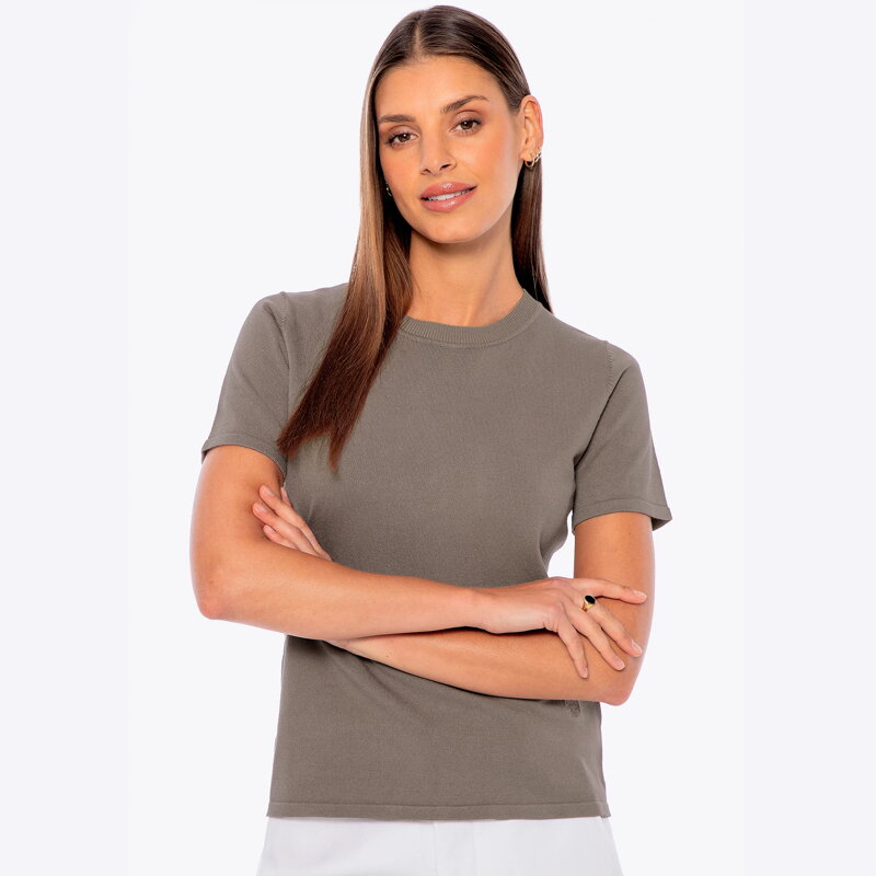 Sweter damski na krótki rękaw z wiskozy i nylonu ciemny beż 29-99-004-9 Sweter damski na krótki rękaw z wiskozy i nylonu ciemny beż 29-99-004-9