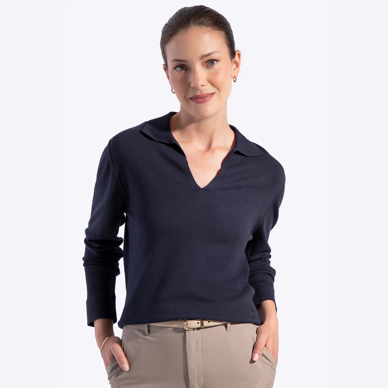 Sweter damski z dekoltem V-neck z wiskozy i nylonu granatowy 29-99-005-N