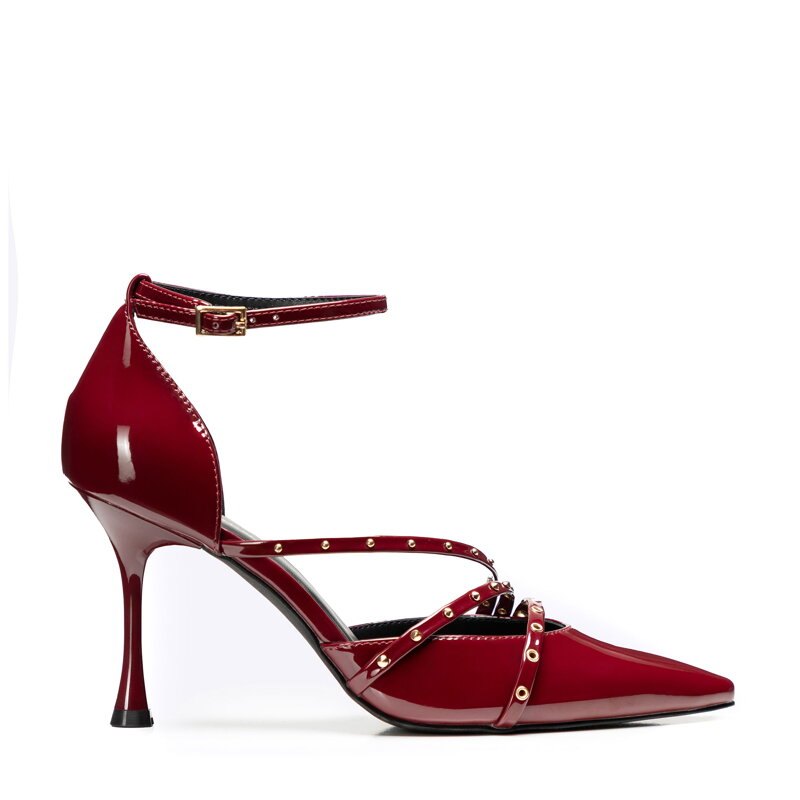 Dámske kožené lodičky na ihličkovom podpätku s cvokmi bordové 101-DP-500-3