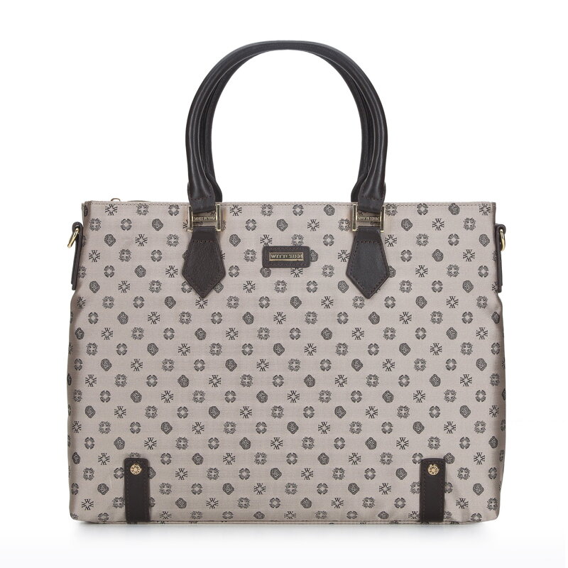 Damska torba na laptopa 12” z żakardu z opaskami ze skóry beżowa 95-4-903-9 Damska torba na laptopa 12” z żakardu z opaskami ze skóry beżowa 95-4-903-9